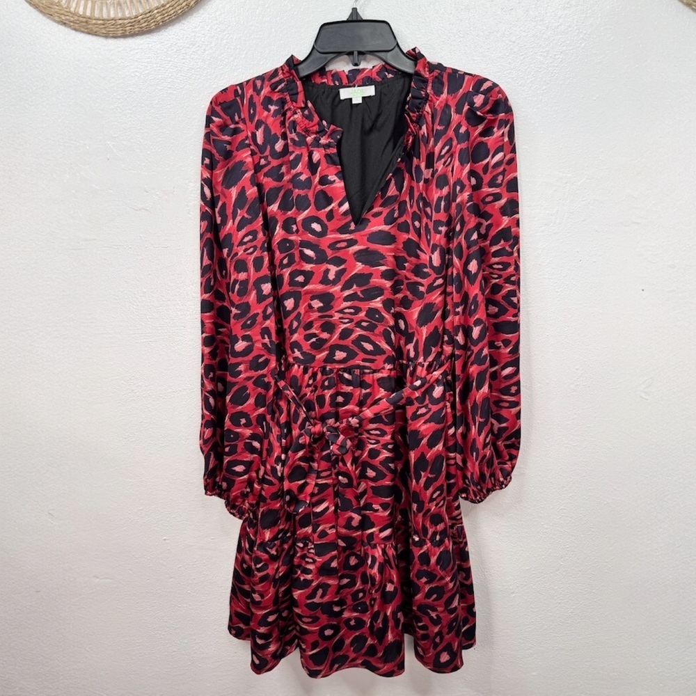 JADE by Melody Tam Dress Womens Size S Red Blue Leopard V-Neck Ruffle Pockets